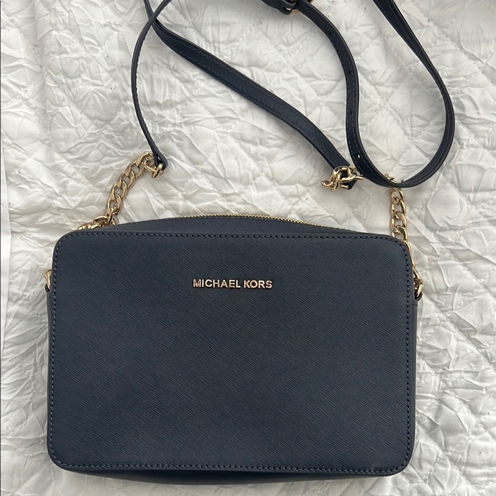 Michael Kors Blue and Gold Crossbody Bag with Saffiano Leather